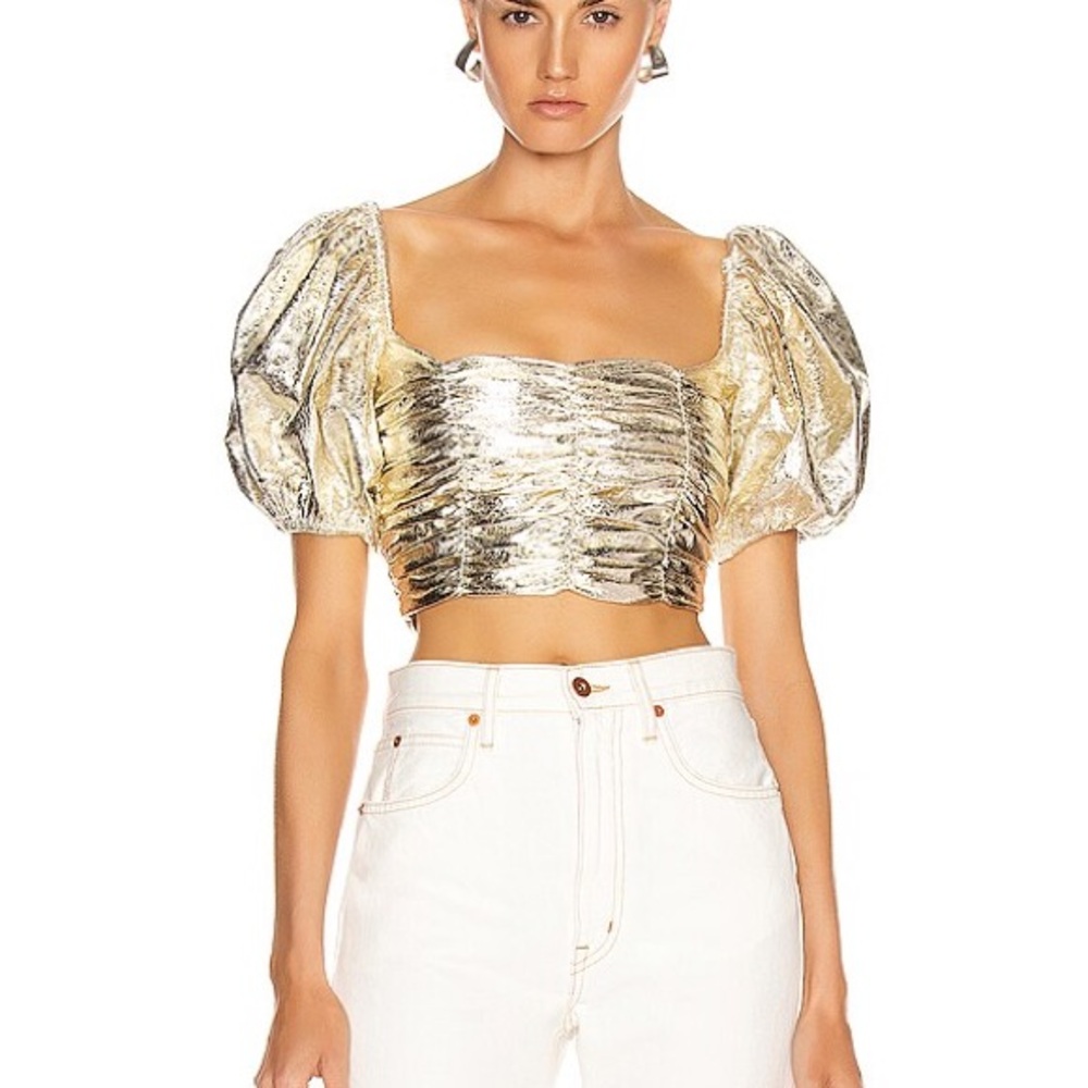 GEORGIA ALICE Gold Metallic Puff Sleeve Crop Vegas Top